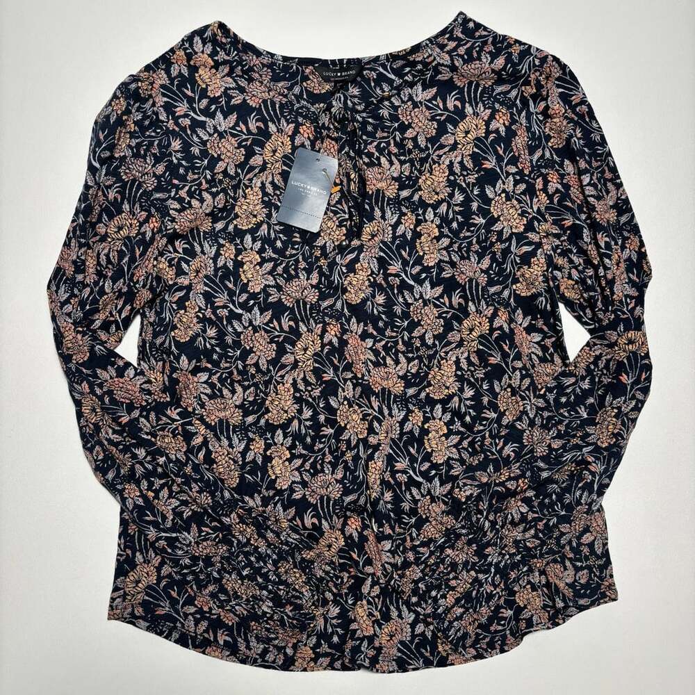 Women’s Small Lucky Brand Navy Blue Floral Print Long Sleeve Sleeve
